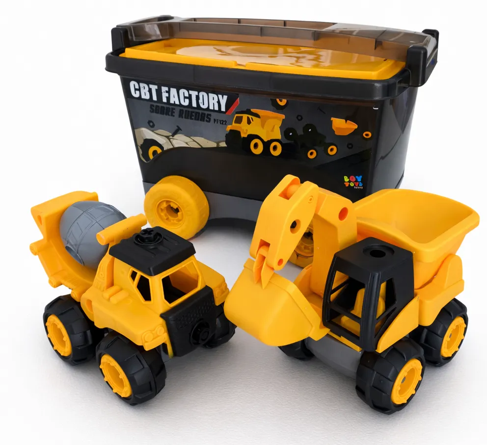 FACTORY SOBRE RUEDAS BOY TOYS, CBT FACTORY, VAGÓN CON RUEDAS, INCLUYE CAMIONCITOS ARMABLES, 65 PIEZAS, INCLUYE HERRAMIENTA PARA ARMARLO