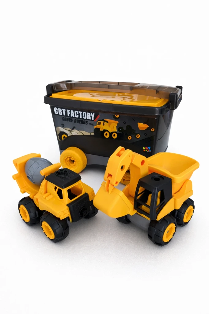 [PF122] FACTORY SOBRE RUEDAS BOY TOYS, CBT FACTORY, VAGÓN CON RUEDAS, INCLUYE CAMIONCITOS ARMABLES, 65 PIEZAS, INCLUYE HERRAMIENTA PARA ARMARLO