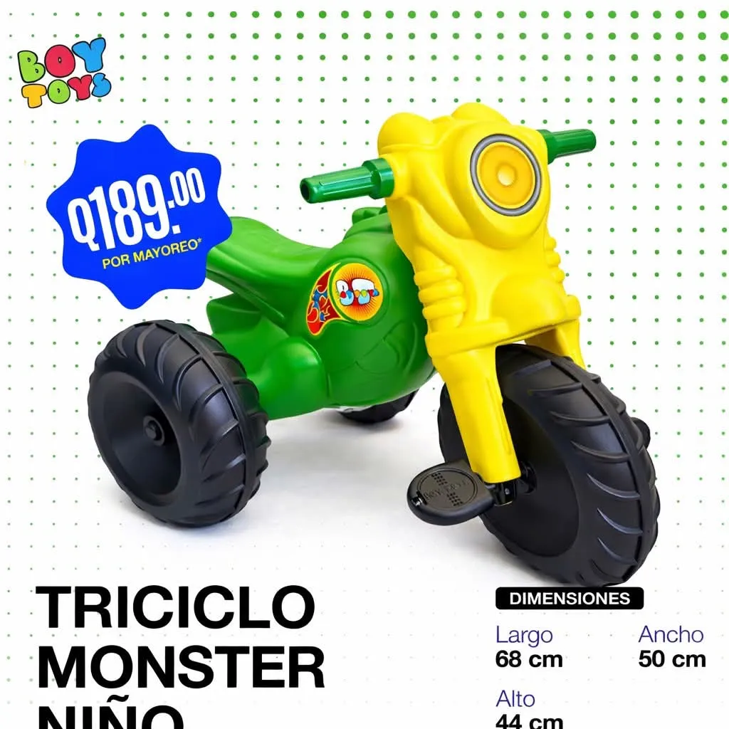[TM-BOY-GN] TRICICLO MONSTER (Niño, Verde/Amarillo)